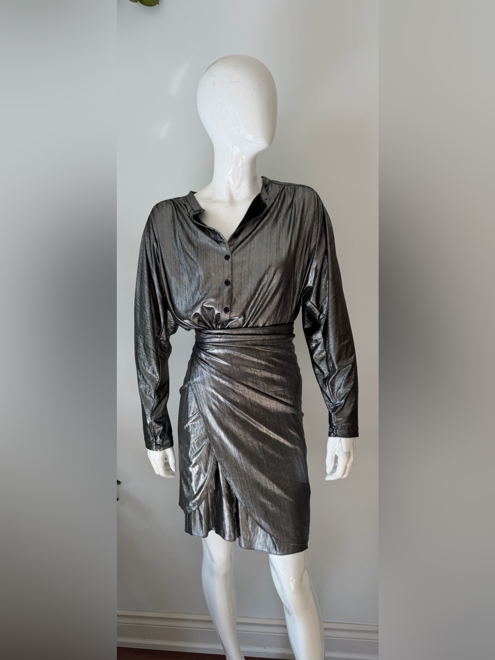 Rebecca Minkoff Metallic Silver Tie-Front Shirt Dress Size Medium Party Cocktail